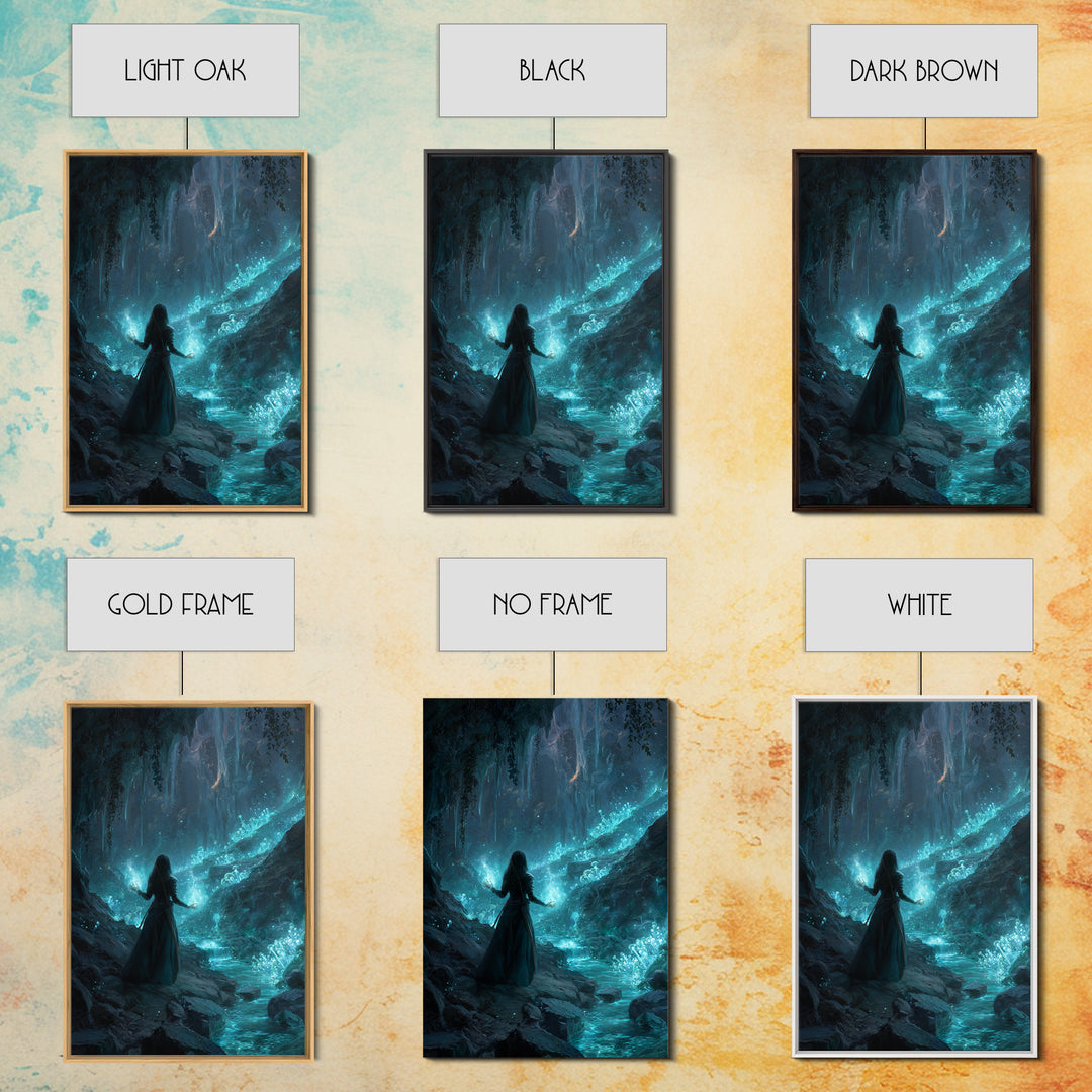 Glowing Crystal Cavern Sorceress Wall Art, Fantasy Art Print, Mystical Blue Cave Decor, Witchy Home Decor Gift For Her, Room Decor