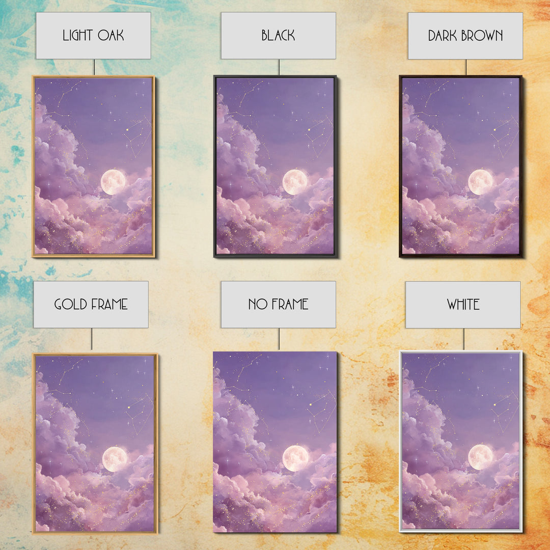 Full Moon Cloud Canvas Print, Lavender Celestial Sky Art, Zodiac Constellation Decor, Dreamy Nursery Wall Art For Bedroom