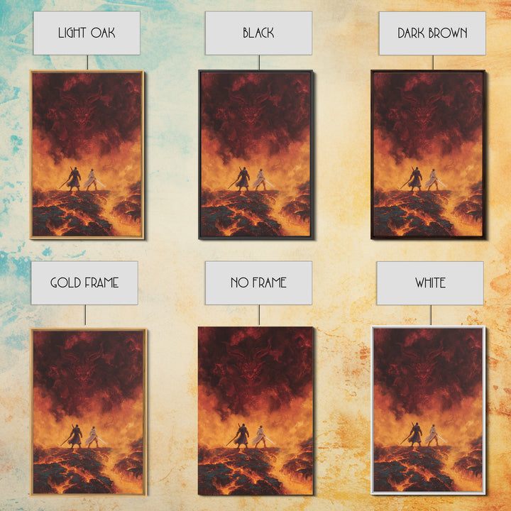 Fiery Demon And Lava Warriors Wall Art, Dark Fantasy Battle Canvas, Gothic Game Room Decor, Epic Dragon Gift For Him, Large Print