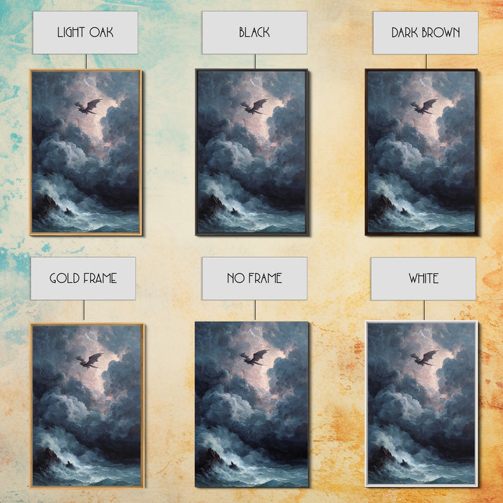 Storm Dragon Over Dark Ocean Wall Art, Gothic Fantasy Canvas Print, Moody Seascape Decor, Lightning Art Gift For Him, Large Print