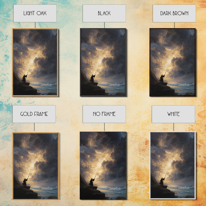 Storm Wizard On Sea Cliff Wall Art, Lightning Sky Canvas Print, Dark Fantasy Seascape Decor, Gothic Coastal Gift For Him