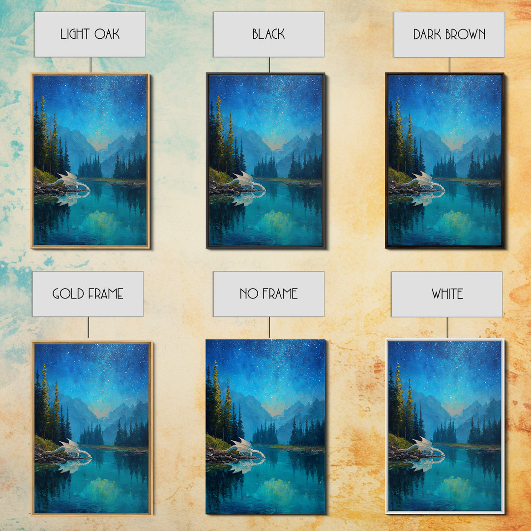 White Dragon Beside Starry Alpine Lake Wall Art, Fantasy Landscape Canvas Print, Blue Nature Decor, Dragon Nursery Gift For Kids