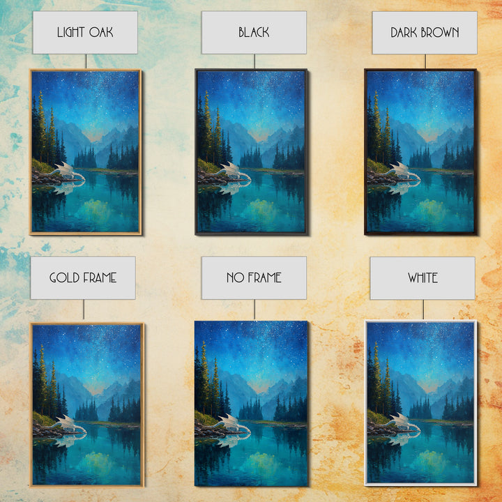 White Dragon Beside Starry Alpine Lake Wall Art, Fantasy Landscape Canvas Print, Blue Nature Decor, Dragon Nursery Gift For Kids