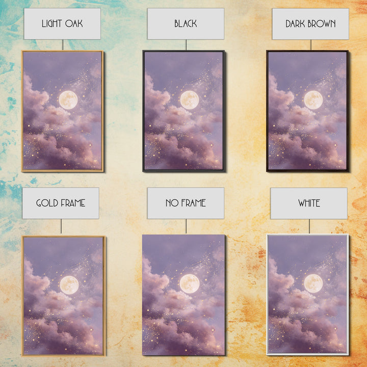 Glowing Moon And Star Cloud Wall Art, Lavender Celestial Canvas, Zodiac Constellation Decor, Dreamy Bedroom Print For Her