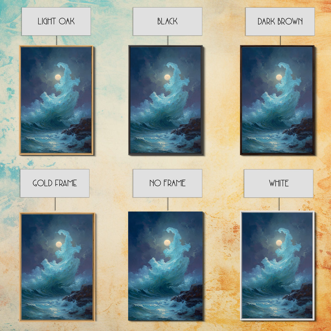 Moonlit Turquoise Wave Canvas Print, Dramatic Ocean Seascape Wall Decor, Coastal Fantasy Art For Bedroom And Living Room