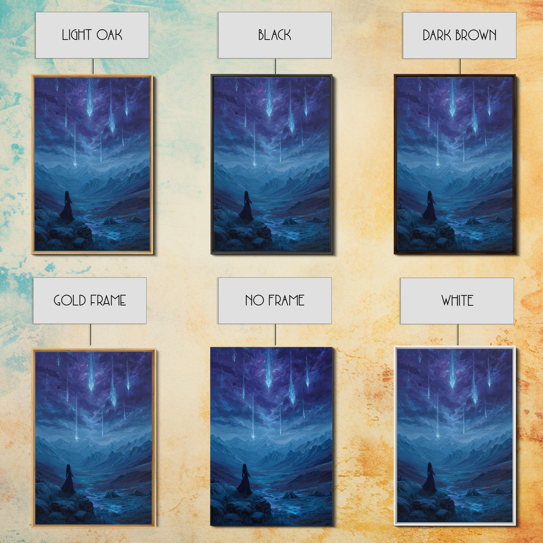 Celestial Meteor Valley Wall Art, Blue Mountain Fantasy Landscape, Mystical Night Sky Decor For Bedroom Or Office Canvas Print