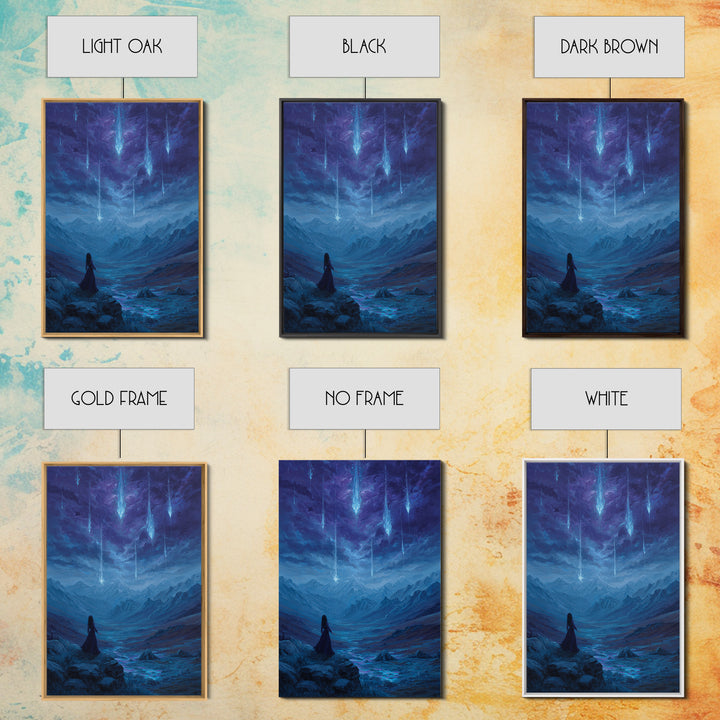 Celestial Meteor Valley Wall Art, Blue Mountain Fantasy Landscape, Mystical Night Sky Decor For Bedroom Or Office Canvas Print