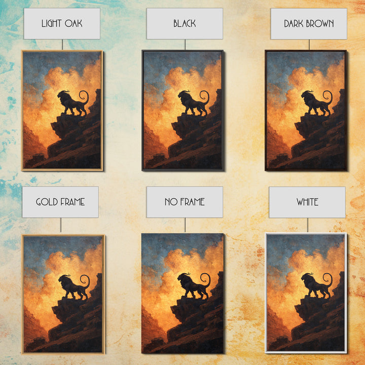 Black Lion On Sunset Cliff Canvas Print, Dramatic Wildlife Silhouette Wall Art, Rustic Safari Decor For Living Room Or Office