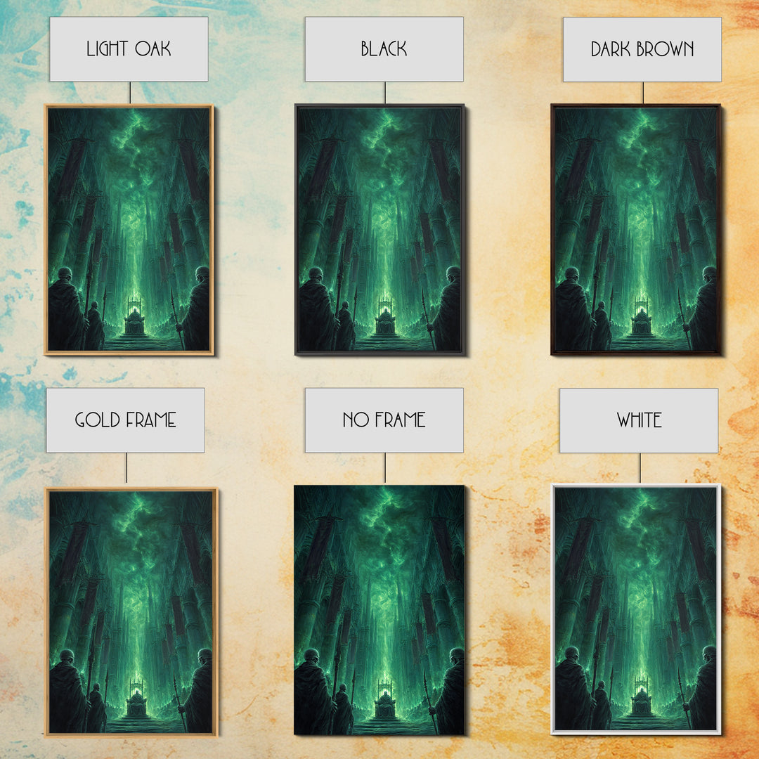 Emerald Gothic Throne Room Framed Canvas Print, Dark Fantasy Cathedral Wall Art, Moody Occult Decor For Office Or Library
