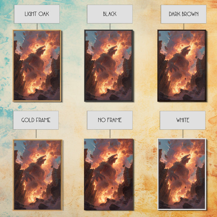 Titan Dragon Rising From Ruins Wall Art, Fiery Fantasy Monster Canvas Print, Epic Apocalyptic Decor For Gamer Room Gift