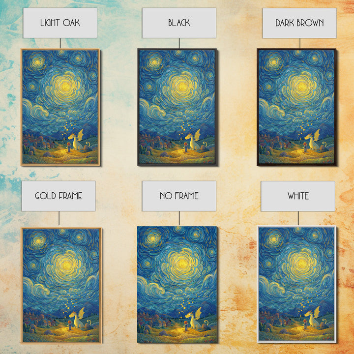 Star Swirled Child And Dragon Wall Art, Whimsical Fantasy Canvas Print, Nursery Decor, Celestial Kids Room Art Gift For Her