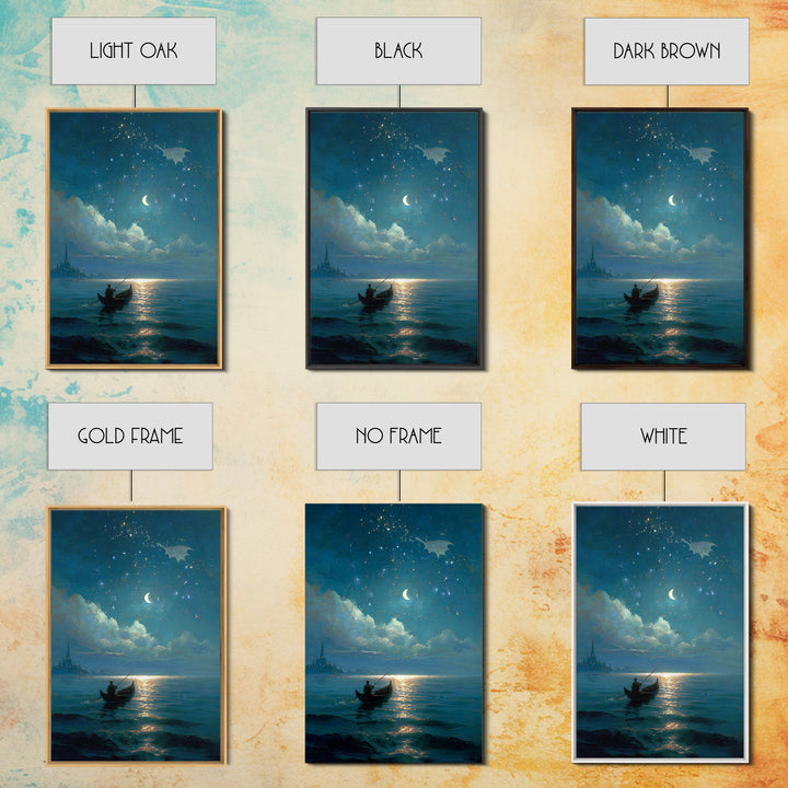 Moonlit Blue Boat And Castle Canvas Print, Celestial Wall Art, Fantasy Seascape Painting, Starry Night Decor, Gift For Her