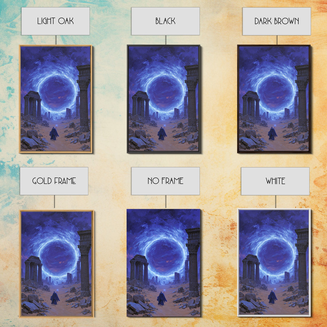 Ancient Ruins Blue Portal Canvas Print, Fantasy Wall Art, Magical Desert Landscape, Wizard Decor, Surreal Home Decor Gift