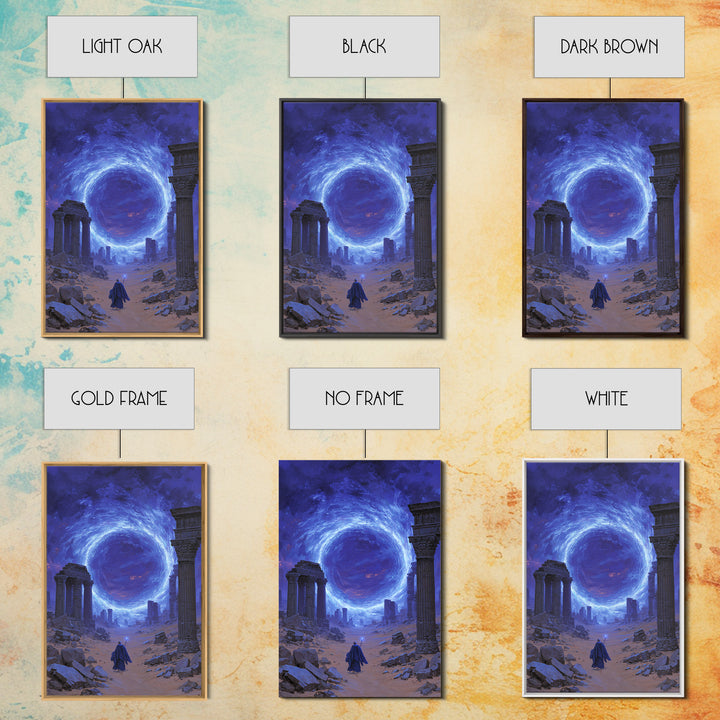 Ancient Ruins Blue Portal Canvas Print, Fantasy Wall Art, Magical Desert Landscape, Wizard Decor, Surreal Home Decor Gift