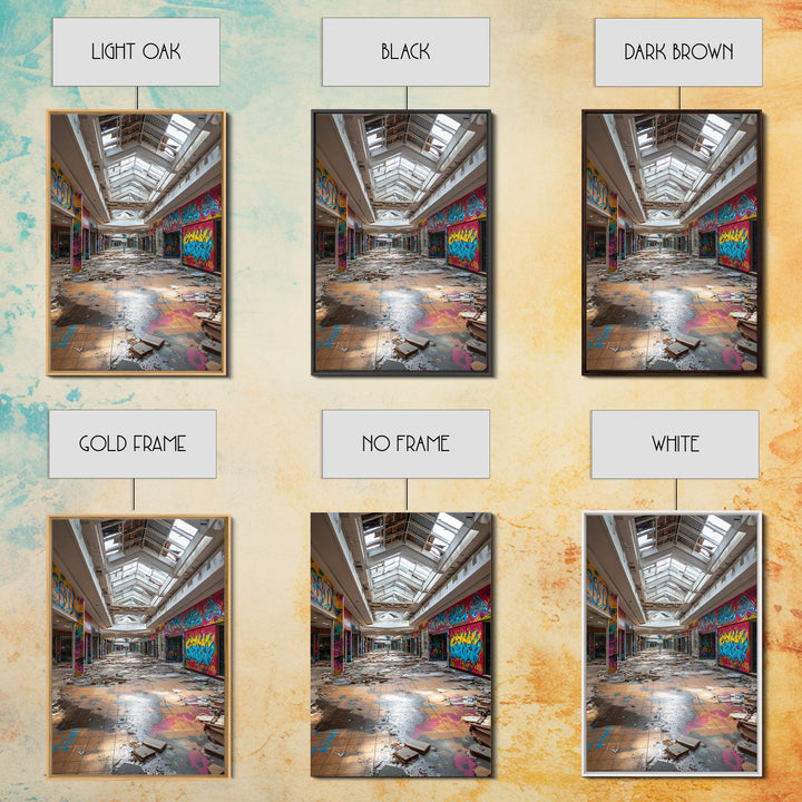 Abandoned Mall Atrium With Graffiti Wall Art Urban Decay Photography Print, Modern Industrial Decor For Loft Living Room