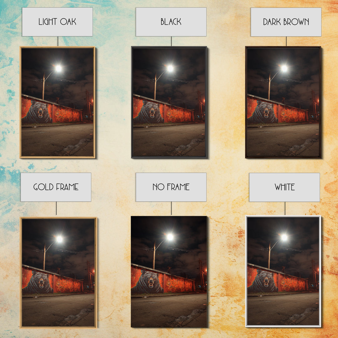 Night Street Bear Graffiti Wall Art Urban Wildlife Canvas Print, Red Brick Mural Decor For Man Cave Or Industrial Office