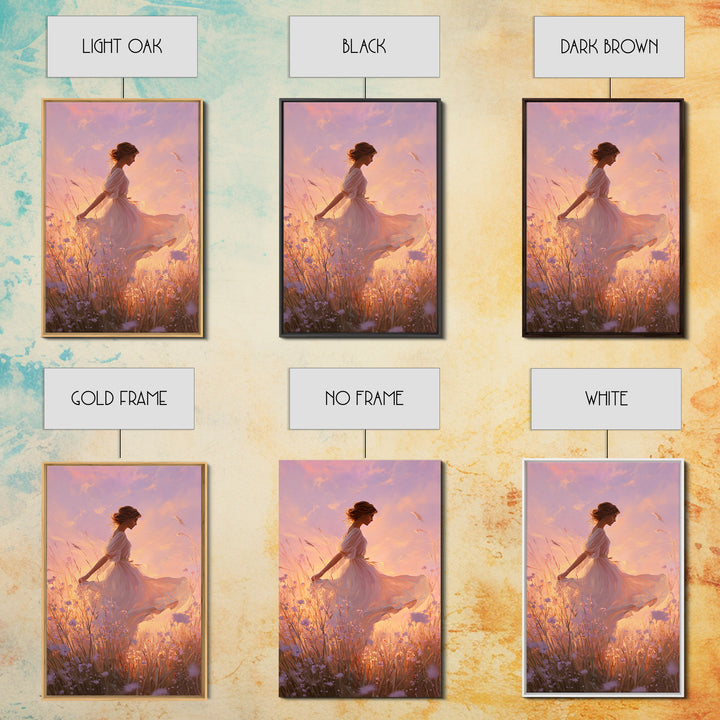 Sunset Meadow Woman In White Dress Wall Art, Romantic Wildflower Canvas Print, Feminine Bedroom Decor, Living Room Decor, Gift For Her