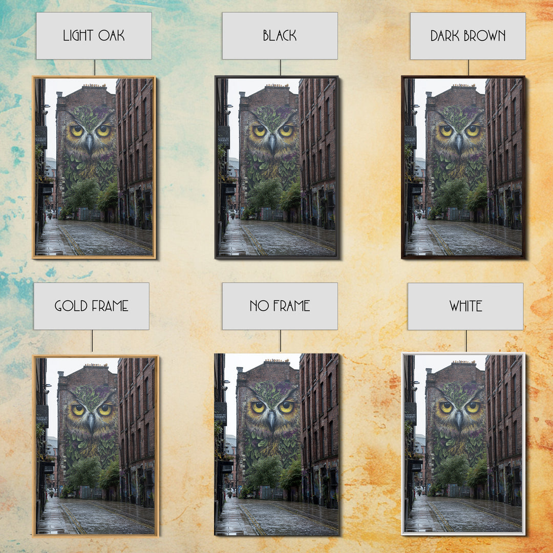 Large Vibrant Owl Mural Painted On Brick Building Wall In City Street - Original Wall Art Canvas Print For Urban Decor