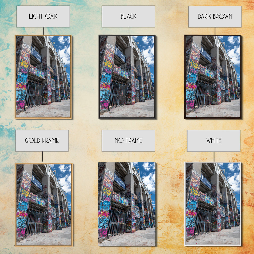 Abandoned Urban Street Art Graffiti Wall With Blue Sky | Vibrant Modern Wall Art Print For Home Decor Framed Canvas Print