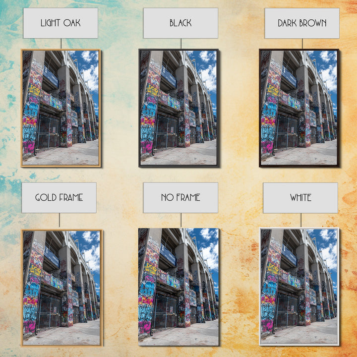 Abandoned Urban Street Art Graffiti Wall With Blue Sky | Vibrant Modern Wall Art Print For Home Decor Framed Canvas Print