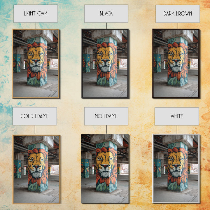 Majestic Lion Mural Painted On Concrete Pillar Urban Wall Art Framed Canvas Print For Unique Decor