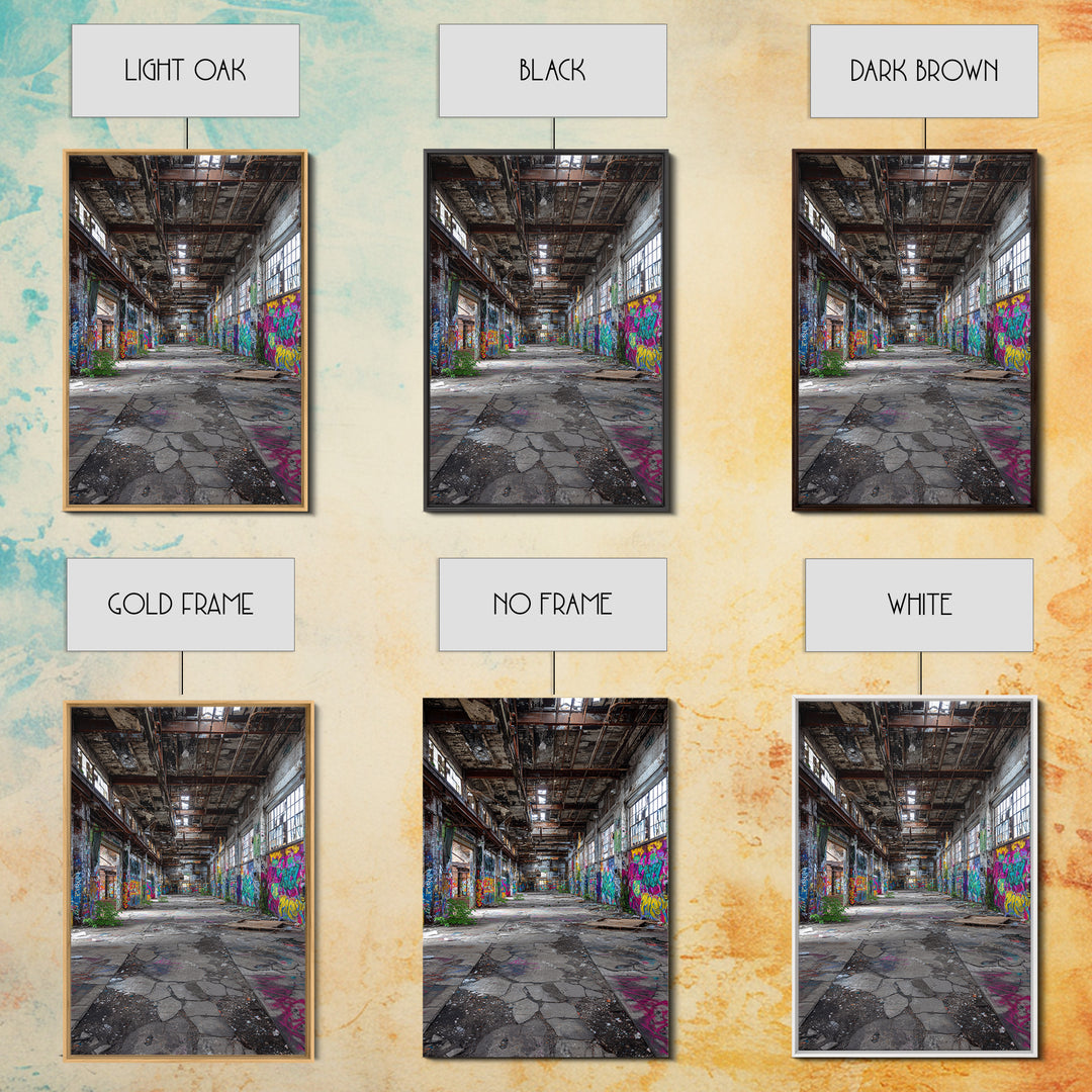 Vibrant Urban Graffiti In Abandoned Warehouse Wall Art Decor Framed Canvas Print For Modern Home Decor