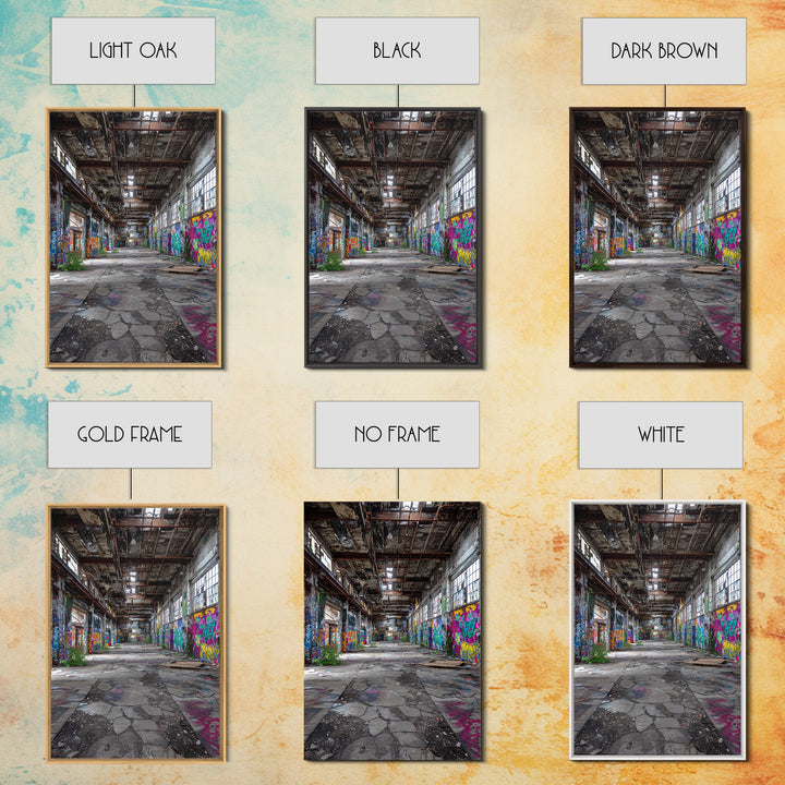 Vibrant Urban Graffiti In Abandoned Warehouse Wall Art Decor Framed Canvas Print For Modern Home Decor