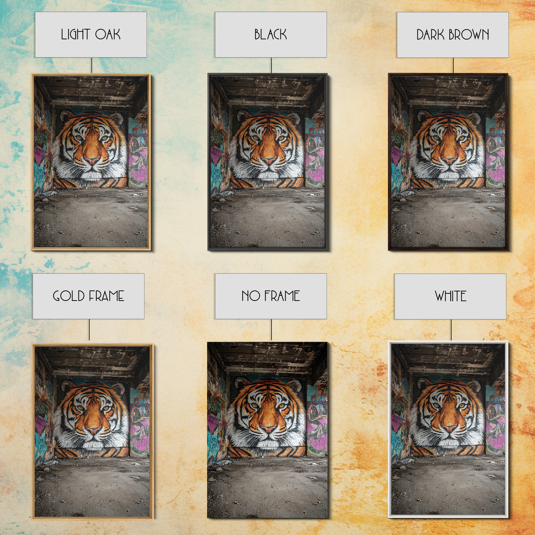 Vibrant Tiger Mural Street Art Urban Wall Art Perfect Framed Canvas Print For Eclectic Living Room Decor Or Gift