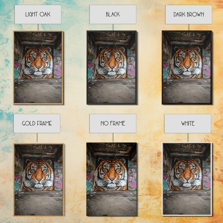 Vibrant Tiger Mural Street Art Urban Wall Art Perfect Framed Canvas Print For Eclectic Living Room Decor Or Gift