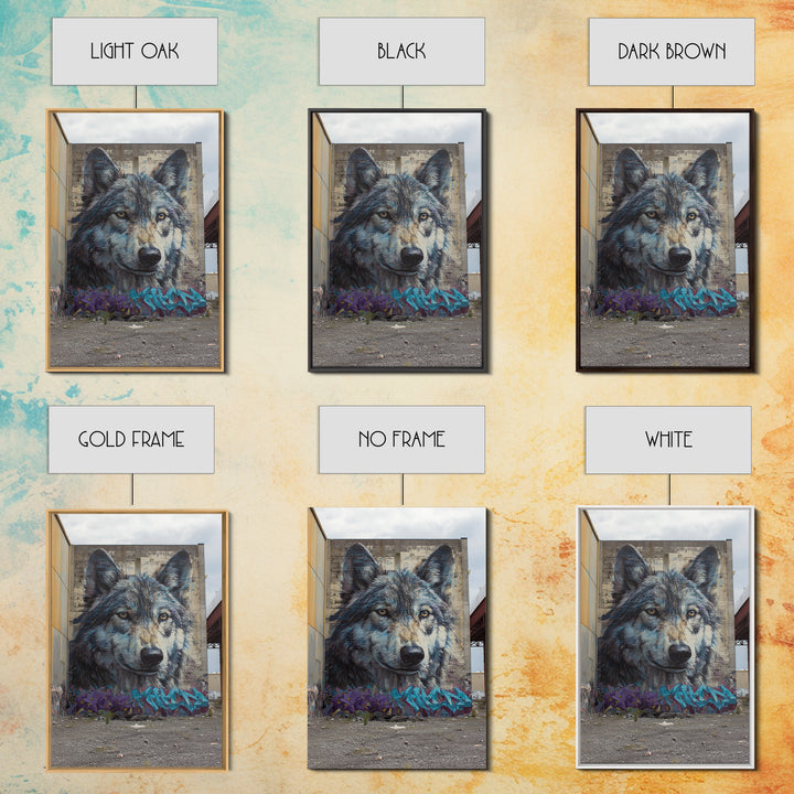Massive Wolf Mural Graffiti On Urban Wall Featuring Detailed Animal Portrait Vibrant Street Art Print
