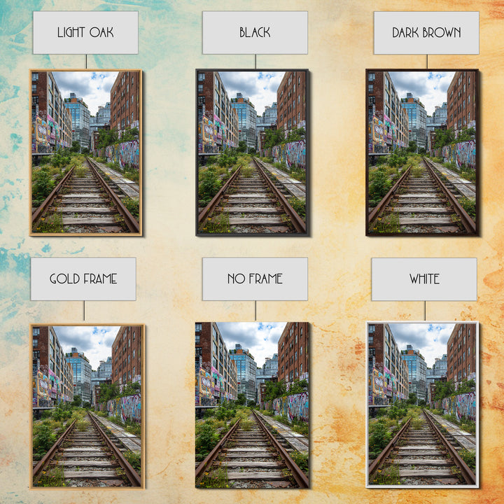 Urban Overgrown Railway Track Between Graffiti Walls In City - Contemporary Wall Art Canvas Print For Modern Decor