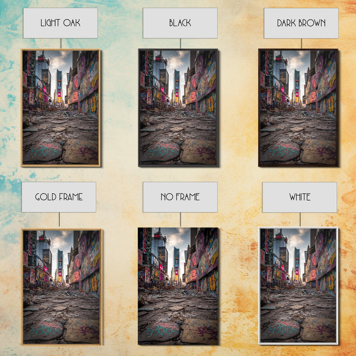 Post Apocalyptic Times Square Urban Ruins Photography Wall Art Print With Graffiti And Debris For Modern Home And Office Decor