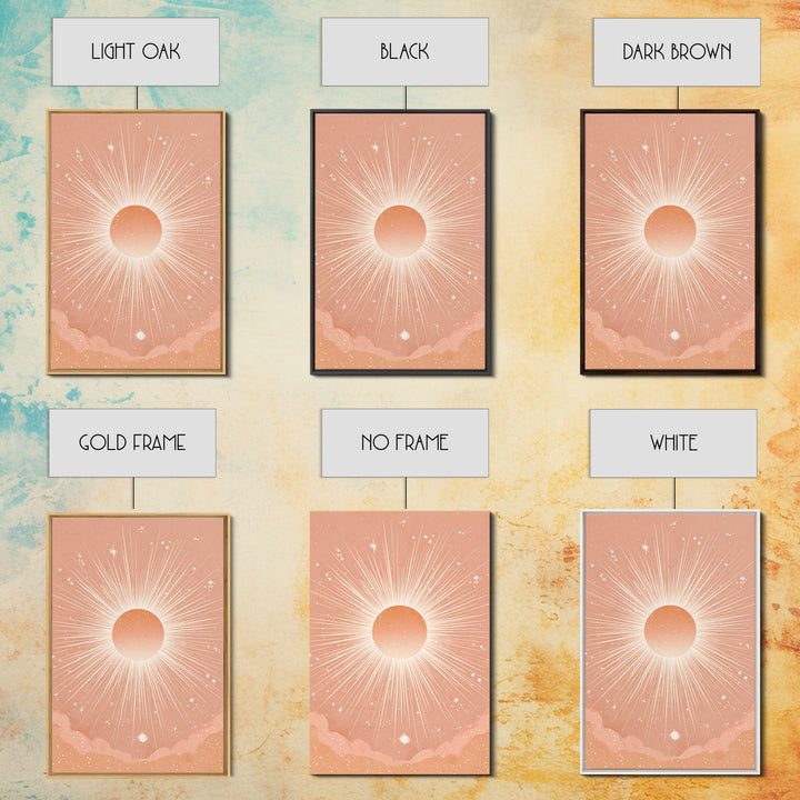 Radiant Peach Sunburst Celestial Wall Art, Boho Sun And Moon Art Print, Warm Neutral Bedroom Decor, Gift For Her, Modern Home Decor
