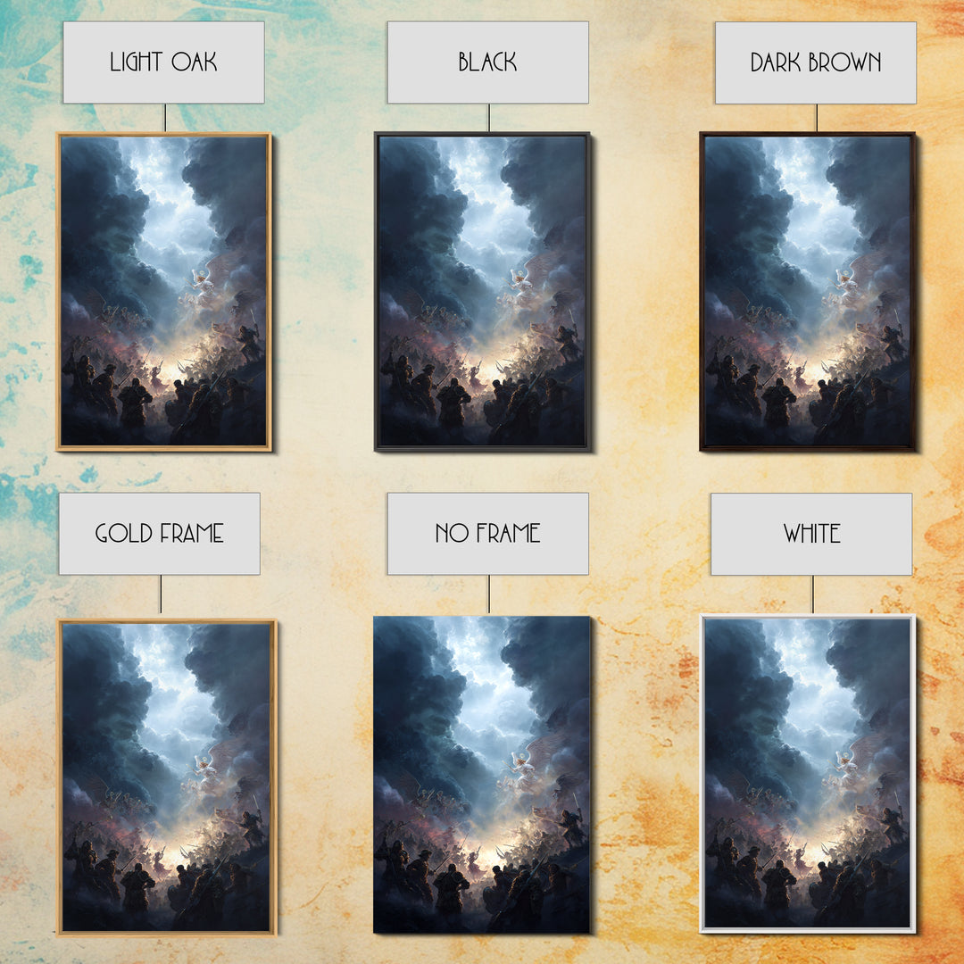 Epic Battle Between Angels Warriors In Dramatic Sky Fantasy Artwork Wall Art Framed Canvas Print For Home Decor