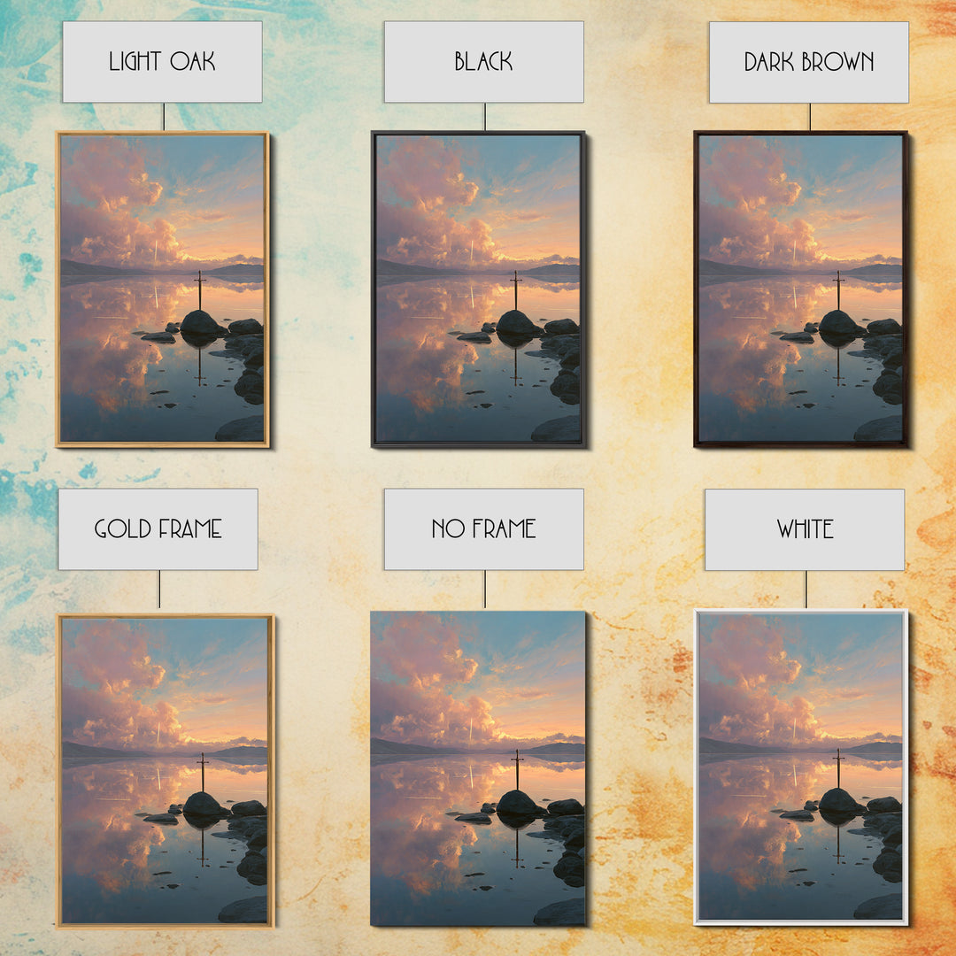 Sunset Over Calm Lake With Reflective Clouds And A Lone Sword Creative Canvas Print Wall Art For Home And Office Decoration