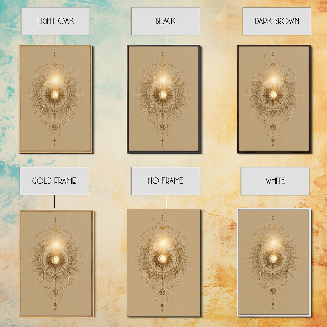 Golden Celestial Sun Mandala Wall Art, Mystical Moon Phase Art Print, Spiritual Home Decor, Boho Meditation Room Decor, Gift For Her