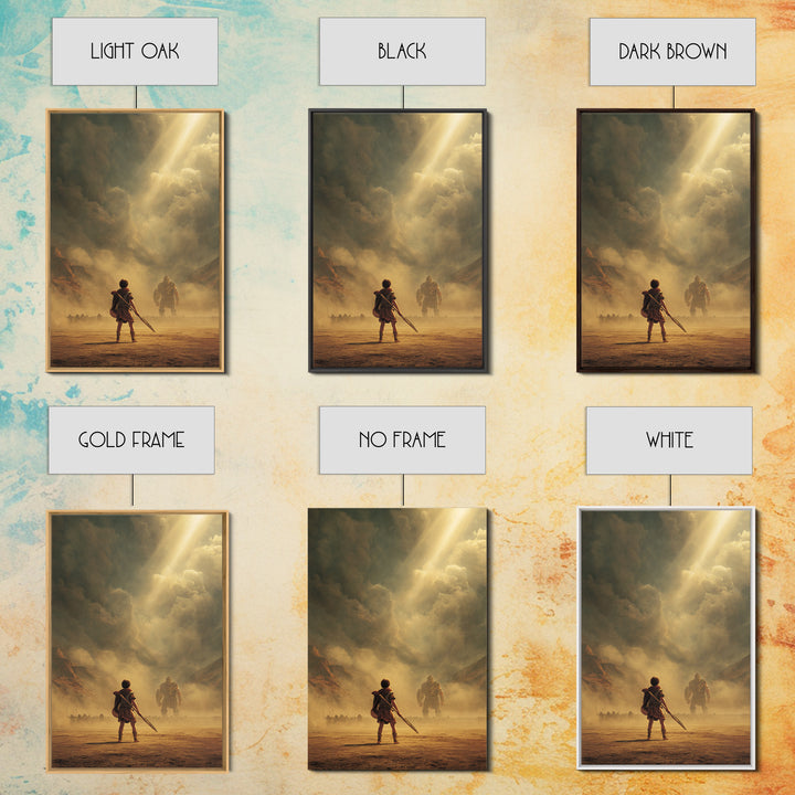Epic Ancient Warrior Facing Giant In Dramatic Dusty Battlefield Sunlight Wall Art Framed Canvas Print For Living Room Decor