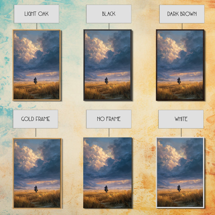Lonely Rider In Vast Field With Dramatic Sky Landscape Painting Wall Art Framed Canvas Print