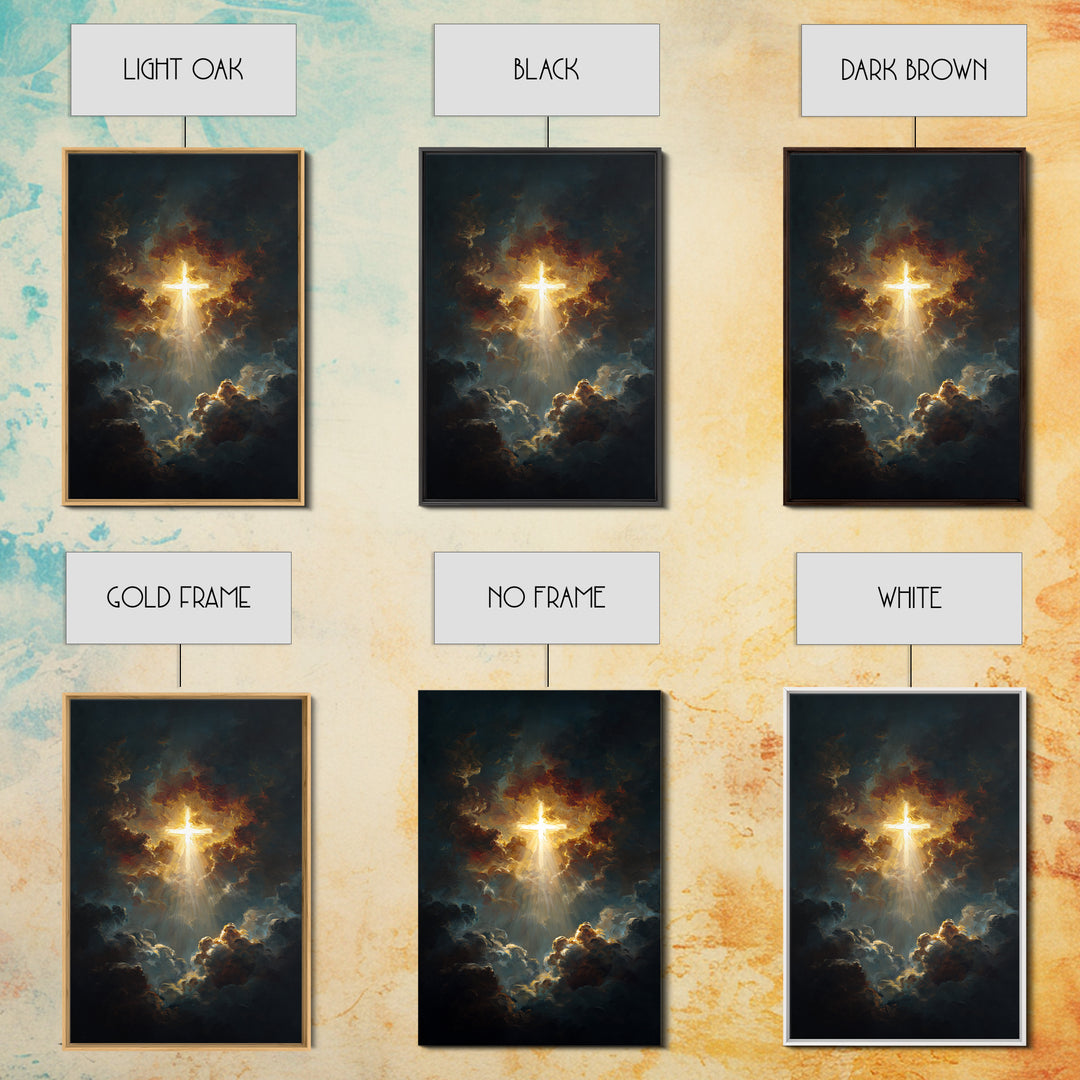 Radiant Golden Cross Amid Dark Clouds Inspirational Christian Wall Art Canvas Print For Home Decor