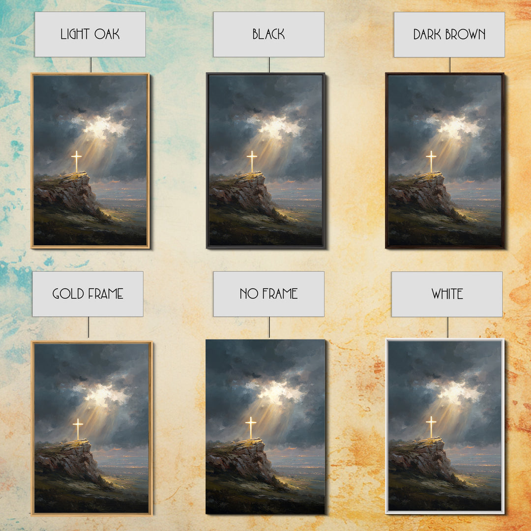 Dramatic Light Over Cliff Cross Spiritual Wall Art Framed Canvas Print For Inspirational Religious Home Decor Or Gift