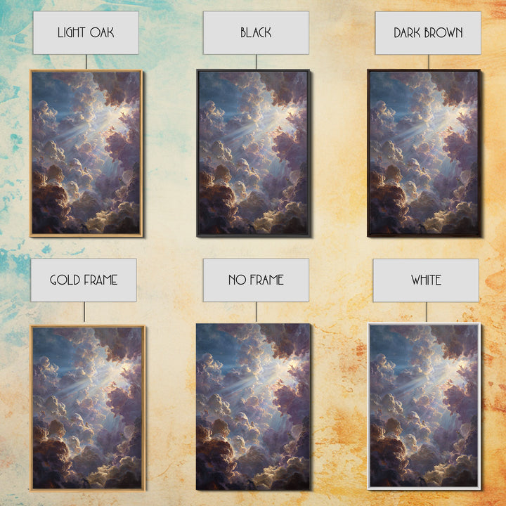 Dramatic Heavenly Clouds With Figures And Light Rays Spiritual Religious Wall Art Oil Painting Large Wall Art Framed Canvas Print
