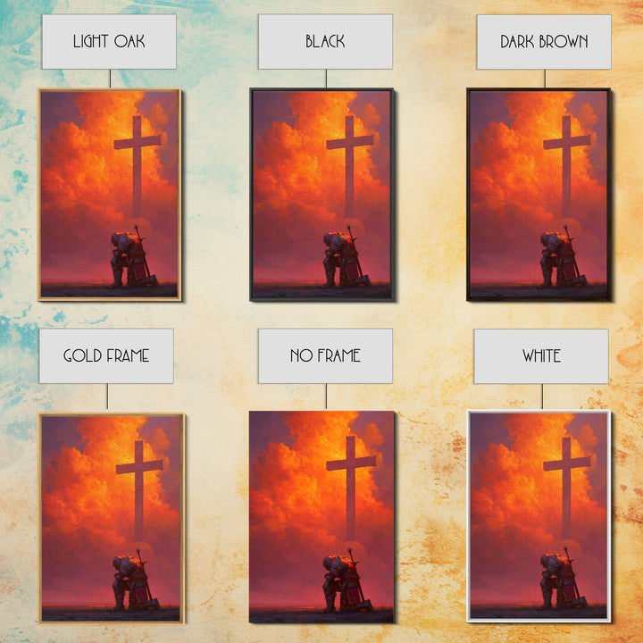 Medieval Knight Kneeling Before Cross In Fiery Sky Dramatic Fantasy Art Wall Art Canvas Print For Spiritual Decor