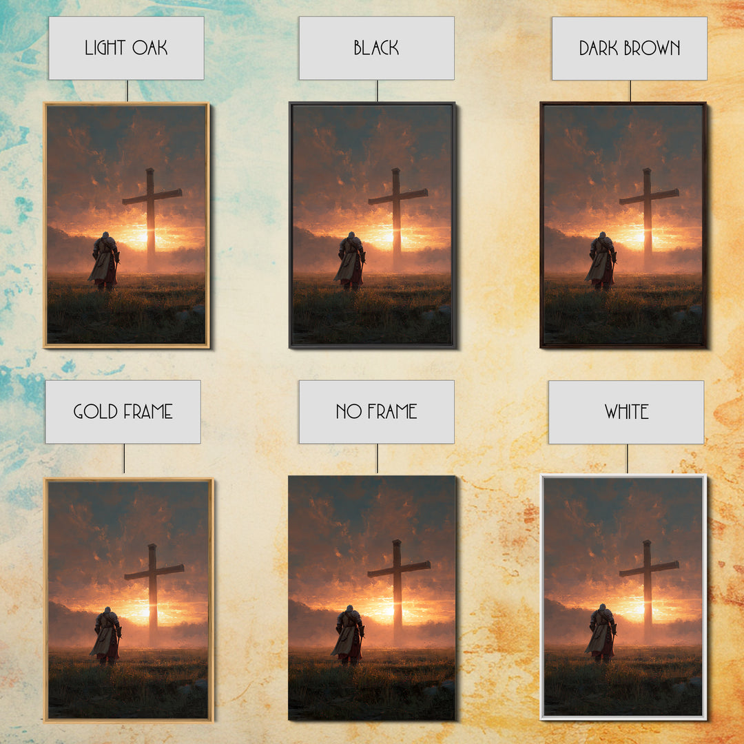 Knight Kneeling Before Large Cross At Sunset Spiritual Wall Art Framed Canvas Print Religious Artwork For Home Decor