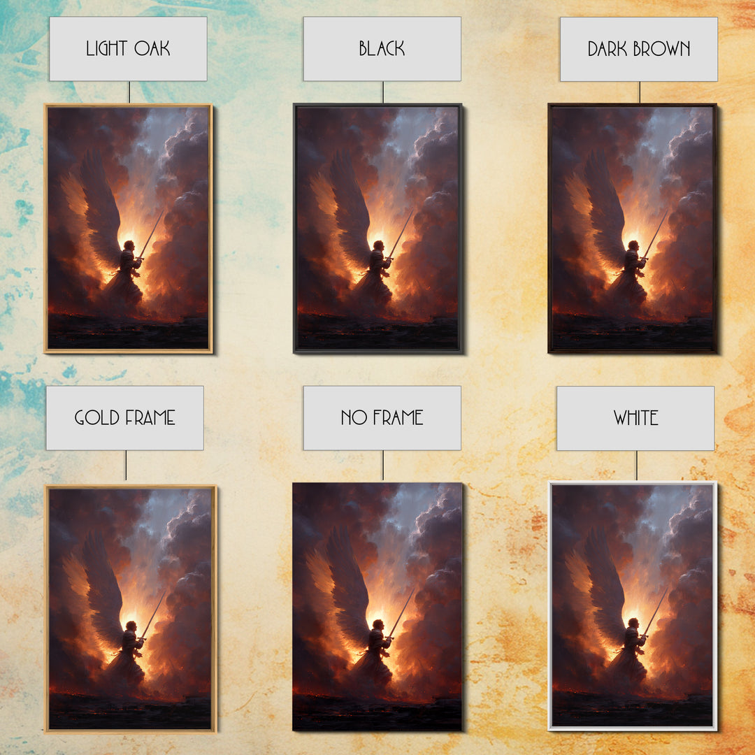 Epic Angel Warrior With Sword Radiant Light And Fiery Background Fantasy Art Framed Canvas Print For Home