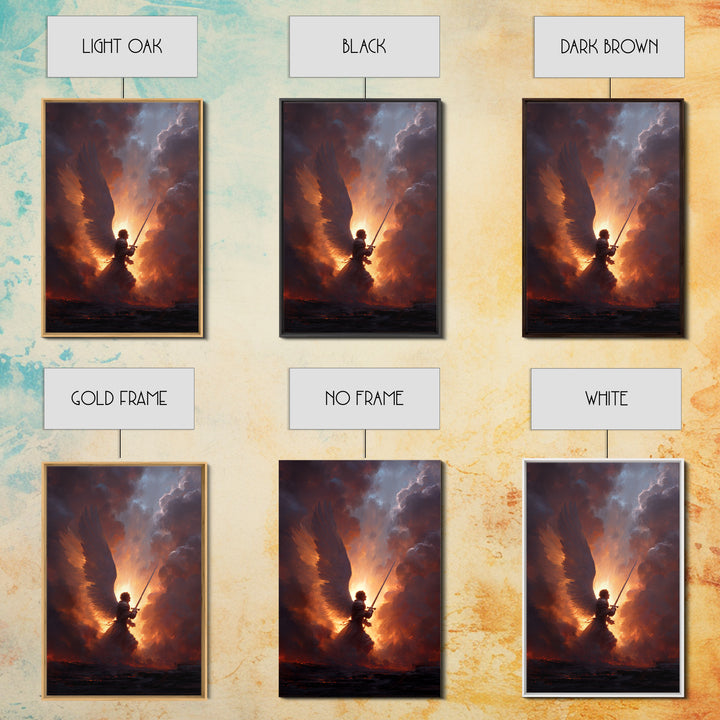 Epic Angel Warrior With Sword Radiant Light And Fiery Background Fantasy Art Framed Canvas Print For Home