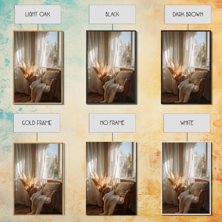 Cozy Wicker Chair And Pampas Grass Wall Art, Neutral Boho Home Decor, Sunlit Bedroom Canvas Print, Housewarming Gift For Her