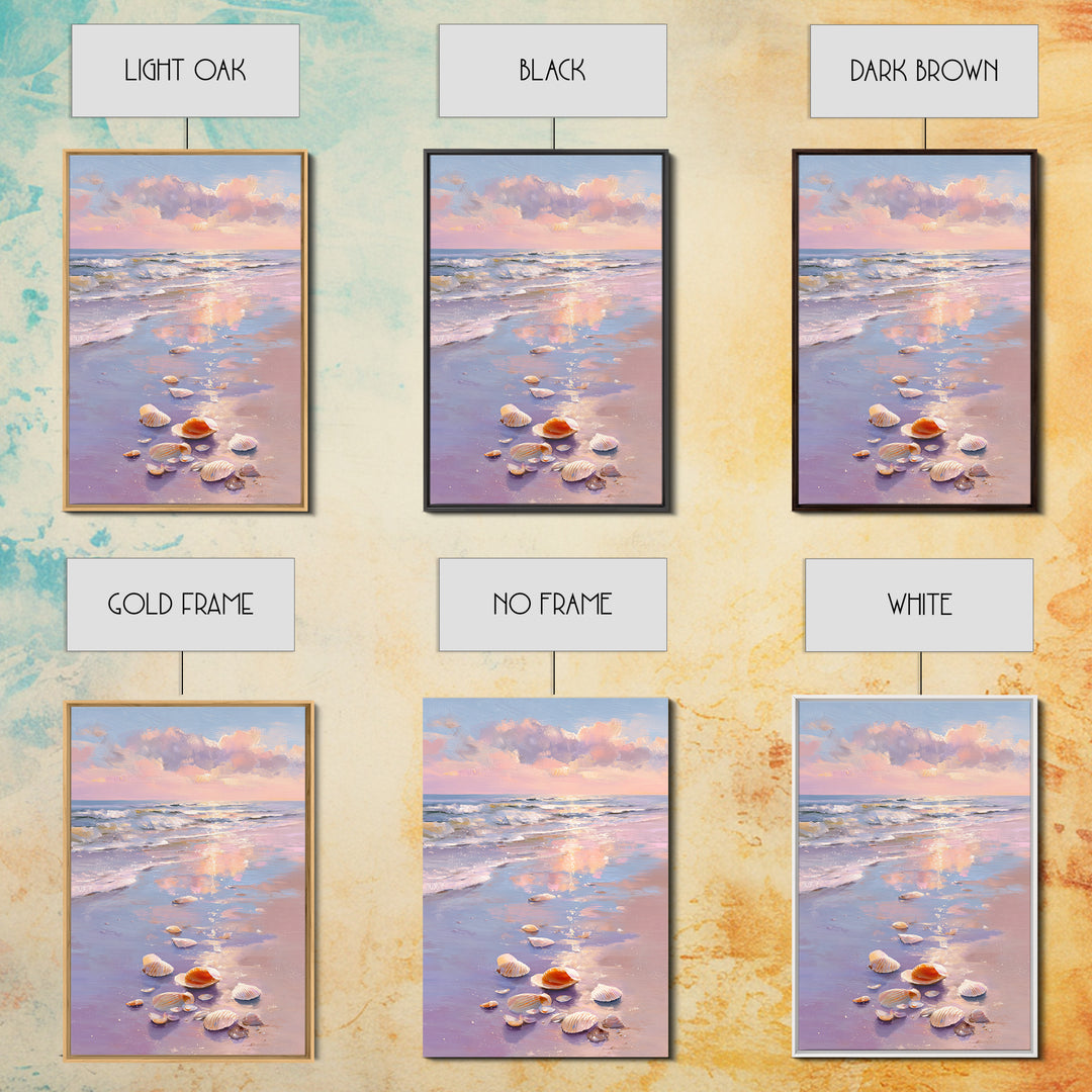 Pastel Seashell Beach Sunset Canvas Print, Coastal Wall Art, Ocean Painting, Beach House Decor, Seascape, Gift For Her, Home Decor