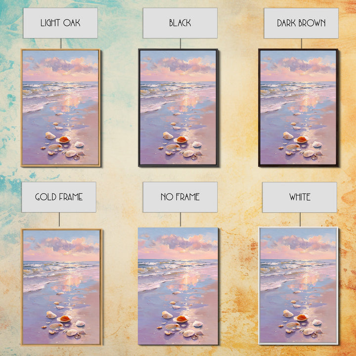 Pastel Seashell Beach Sunset Canvas Print, Coastal Wall Art, Ocean Painting, Beach House Decor, Seascape, Gift For Her, Home Decor