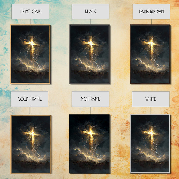 Powerful Cross Illuminated In Stormy Dark Sky Christianity Religious Wall Art Framed Canvas Print