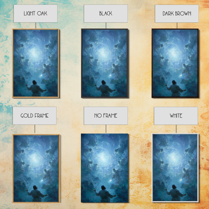 Celestial Encounter With Divine Figures In Blue Sky Spiritual Wall Art Framed Canvas Print For Home Decor